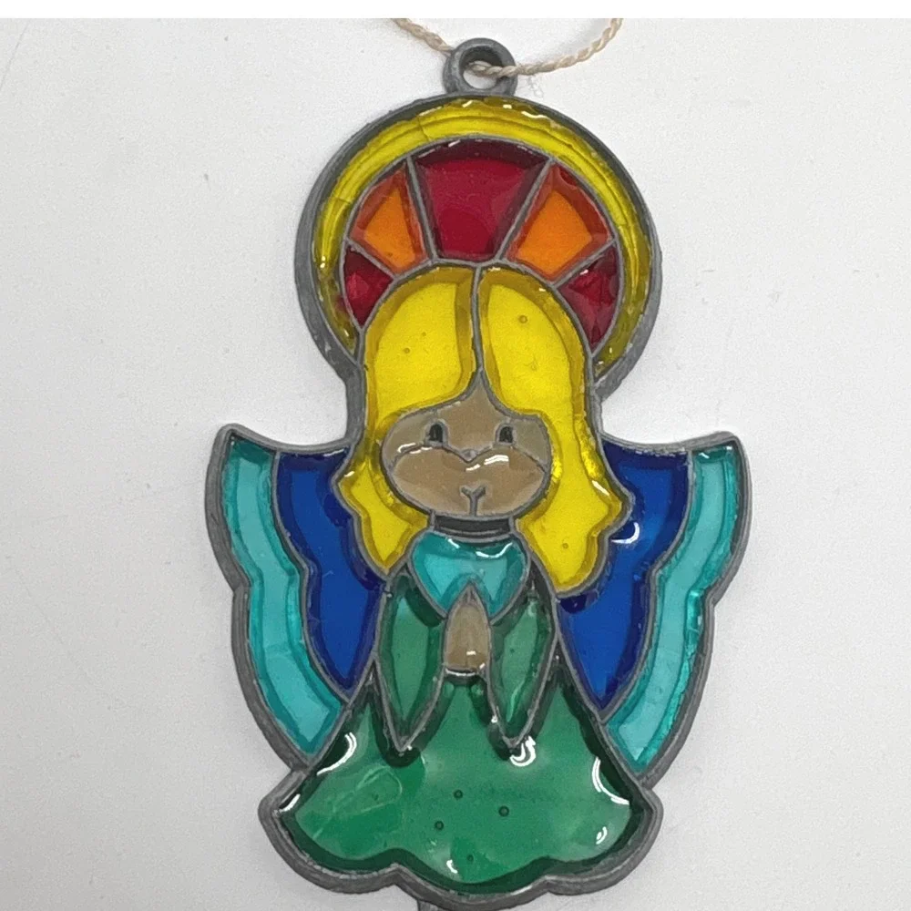 1980s Faux Stained Glass Angel Ornament Suncatcher Praying Christmas Decor